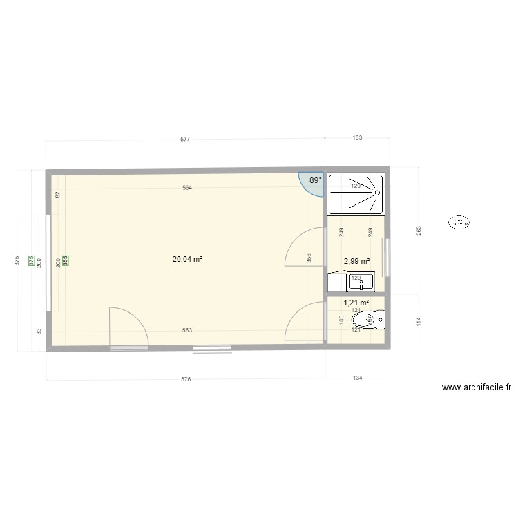 Studio . Plan de 3 pièces et 24 m2