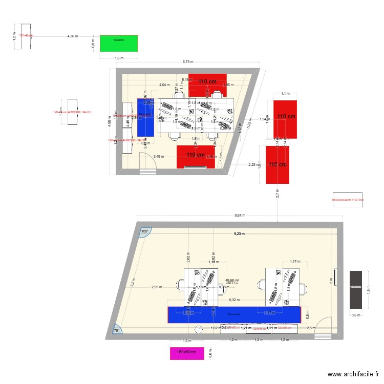 BUREAUX. Plan de 2 pièces et 74 m2