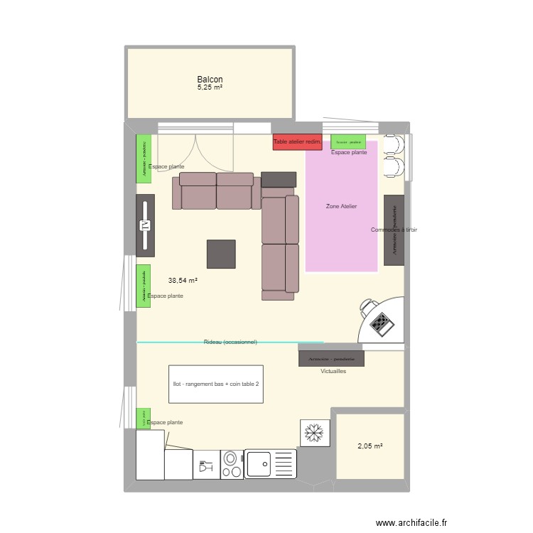 VJ1. Plan de 3 pièces et 46 m2