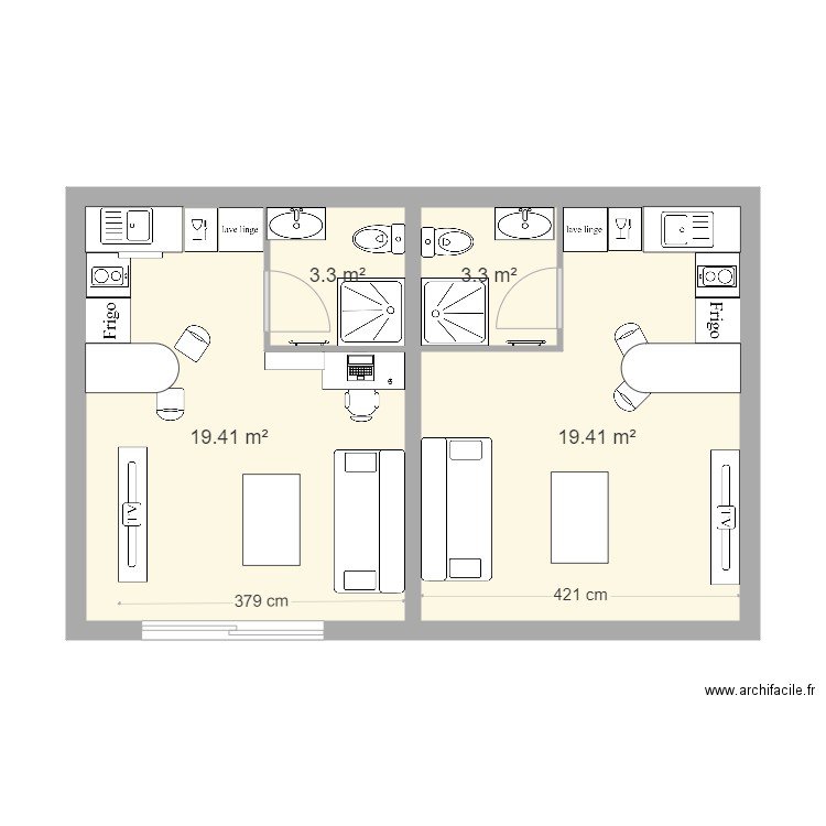 appart etudiant deux tailles. Plan de 4 pièces et 45 m2