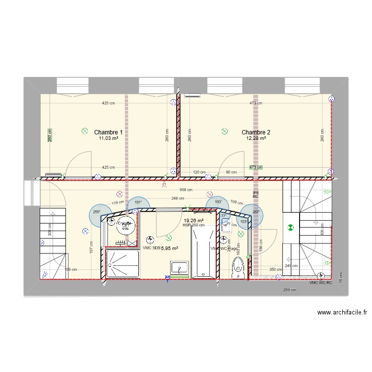 République étage distribution électricité projet 2 CET dans local technique SDB. Plan de 6 pièces et 101 m2