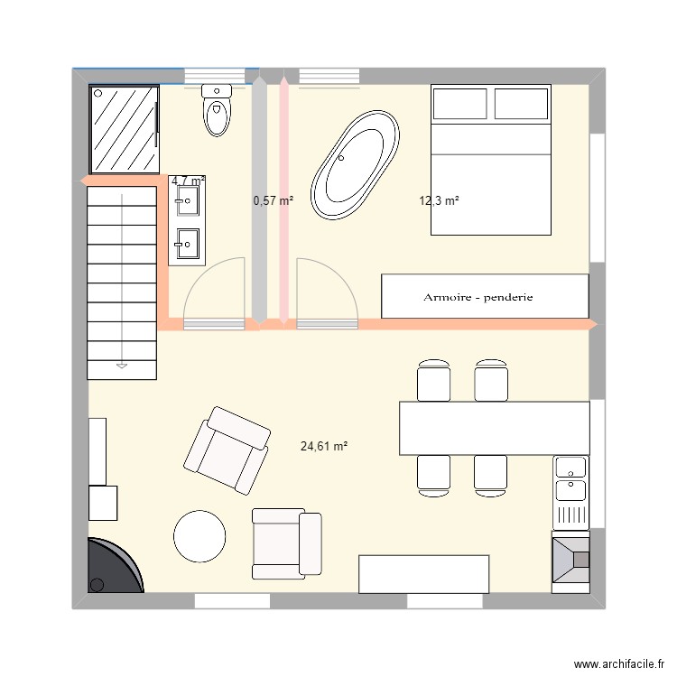 1 étage. Plan de 4 pièces et 42 m2