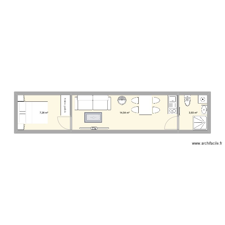 20 pieds standard. Plan de 3 pièces et 26 m2