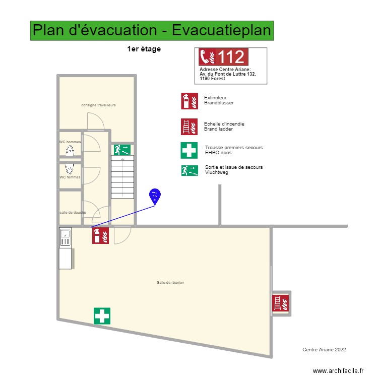 Plan évacuation salle de réunion. Plan de 9 pièces et 78 m2