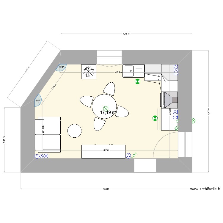 cuisine amelia  n°01. Plan de 1 pièce et 17 m2