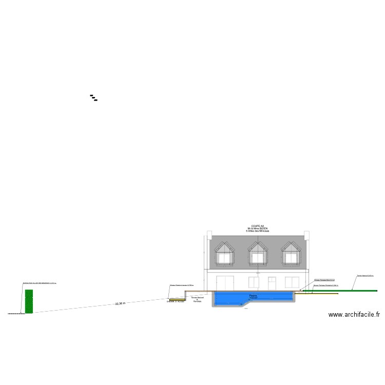 Plan Coupe AA. Plan de 7 pièces et 178 m2