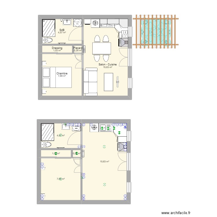 Gîtes 30 m². Plan de 5 pièces et 29 m2