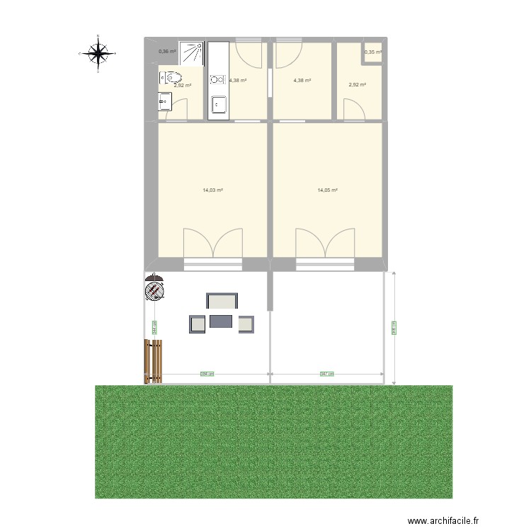 Studios 2&3. Plan de 8 pièces et 43 m2