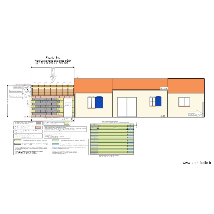 Façade Sud Bloc Béton Creux. Plan de 4 pièces et 42 m2