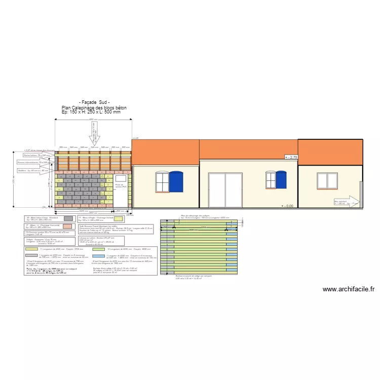 Fa&ccedil;ade Sud Bloc B&eacute;ton Creux. Plan de 