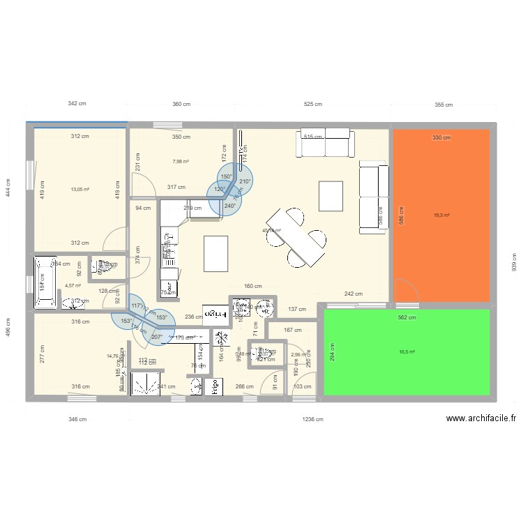 chambre FRJ. Plan de 2 pièces et 27 m2