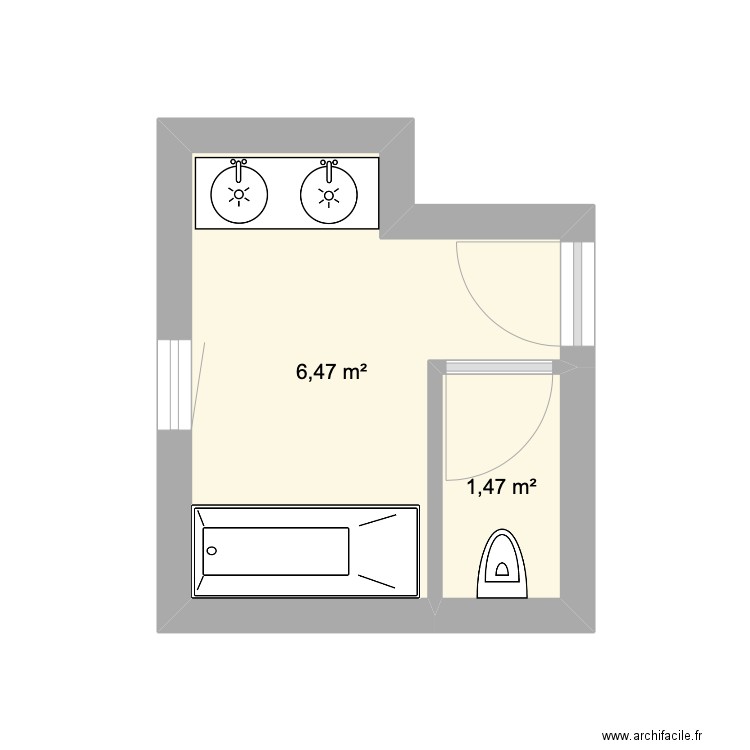 Salle de bains BAS actuelle. Plan de 2 pièces et 8 m2