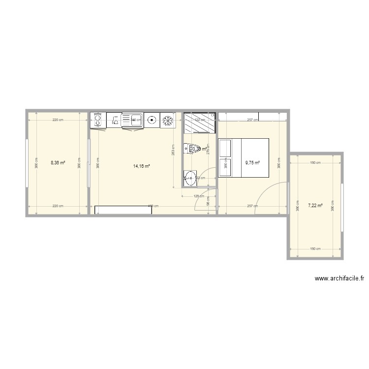 la capte meublée. Plan de 5 pièces et 43 m2