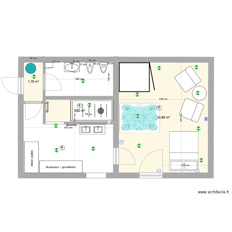 SPA et SDB 9. Plan de 3 pièces et 28 m2