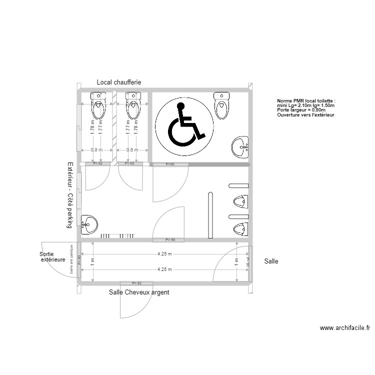 Toillettes salle polyvalente propo v1 pmr. Plan de 3 pièces et 7 m2