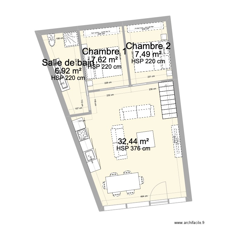 Plan de base 15 Apres Test. Plan de 4 pièces et 54 m2