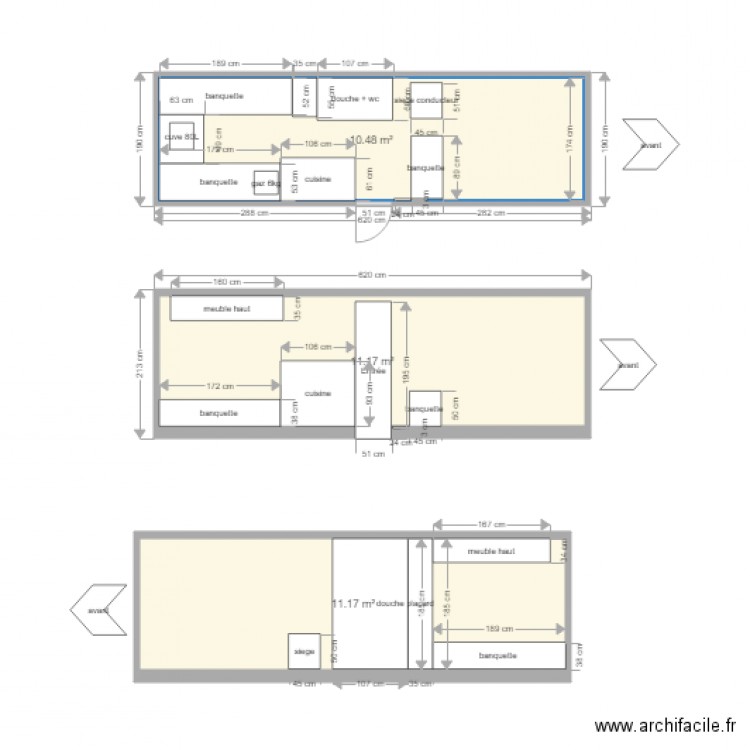 VASP 3 plan (du dessus, 2 latérals). Plan de 3 pièces et 33 m2