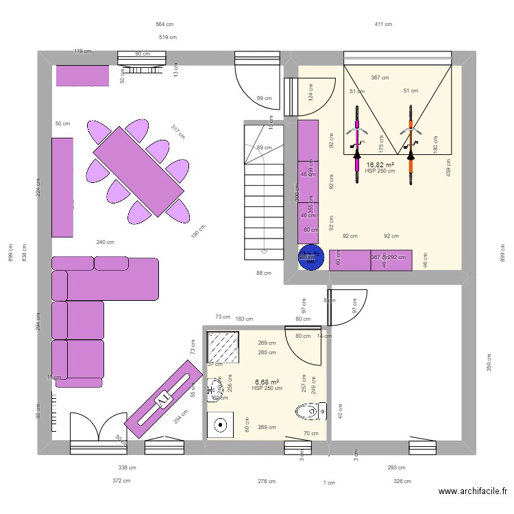 RDC. Plan de 2 pièces et 24 m2