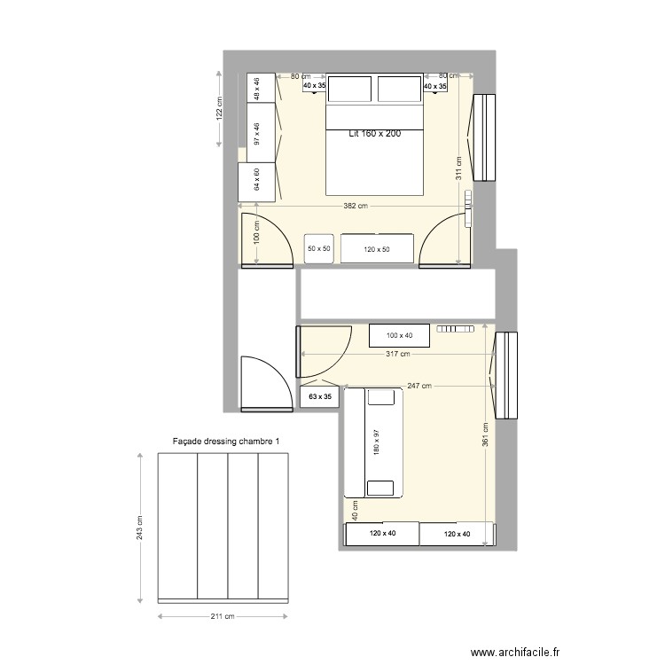 chambres 1 et 2 v1e. Plan de 0 pièce et 0 m2