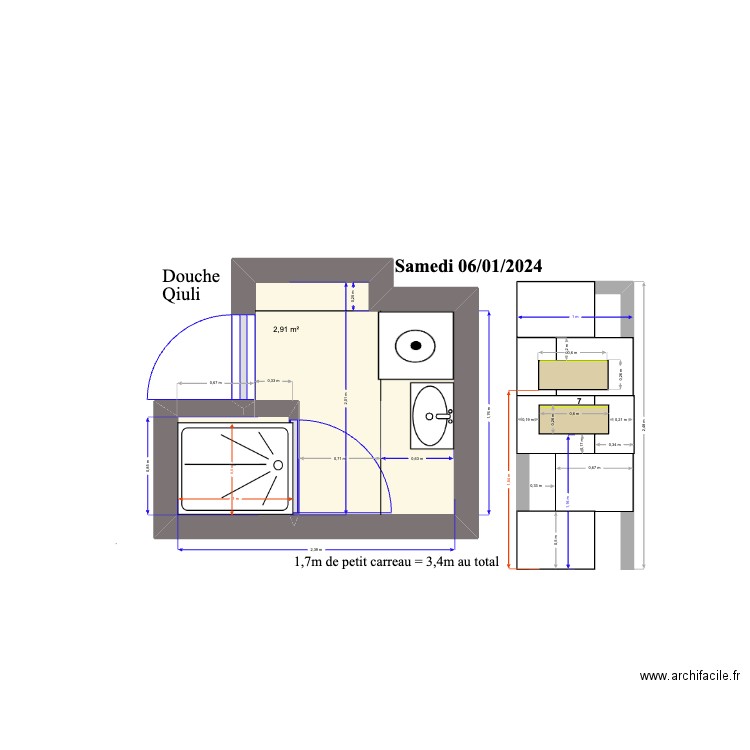 Douche Q. Plan de 2 pièces et 4 m2