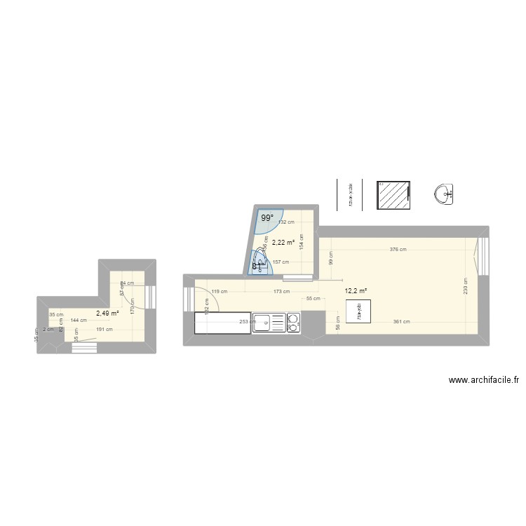 Pigale. Plan de 3 pièces et 17 m2