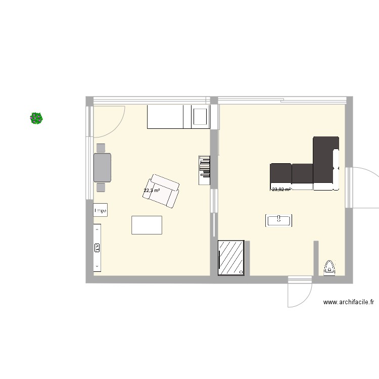 BUREAU sev V4. Plan de 2 pièces et 46 m2