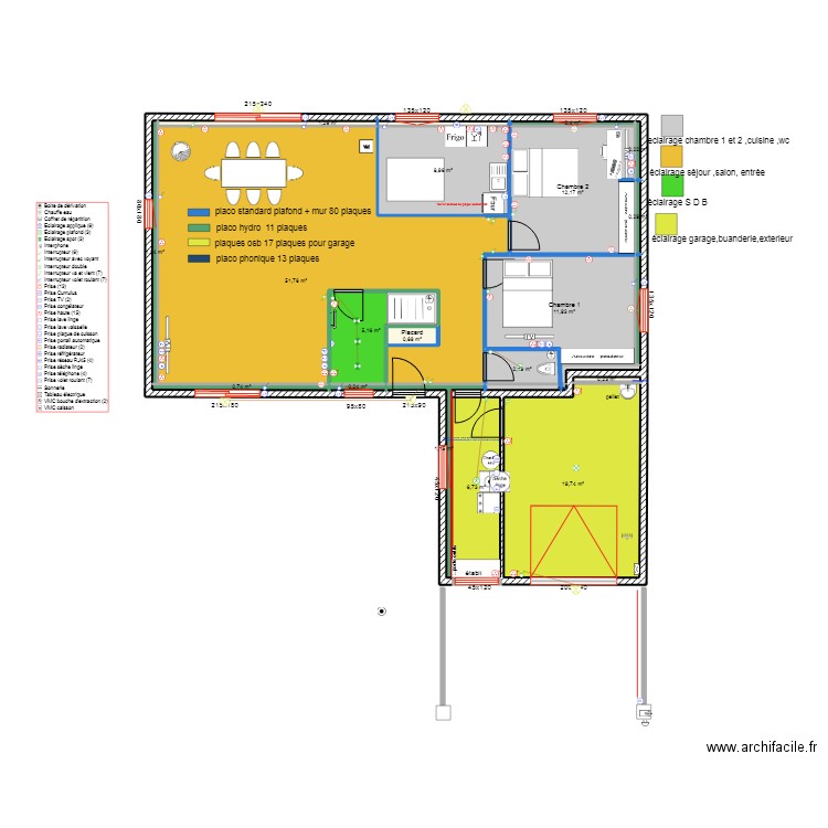 répartition des circuit éclairage. Plan de 20 pièces et 125 m2