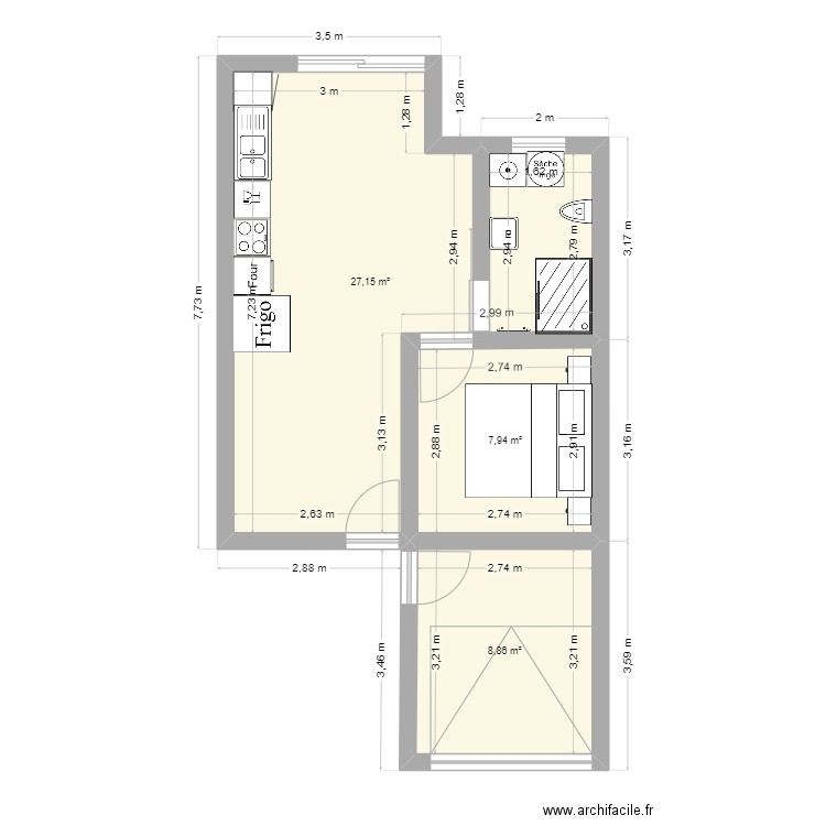 Koubemba. Plan de 3 pièces et 44 m2