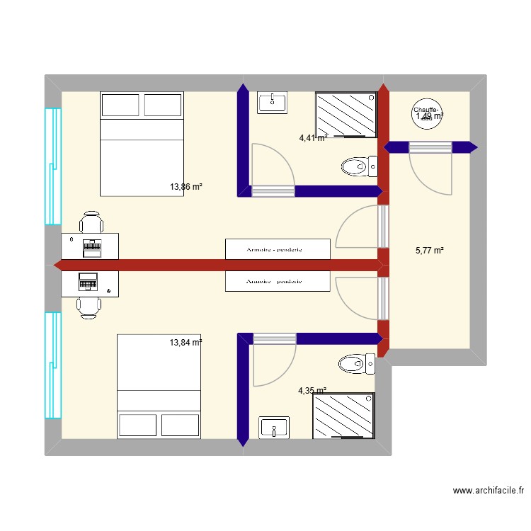 plan numero bis. Plan de 6 pièces et 44 m2