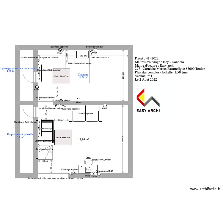 Plan combles hey. Plan de 4 pièces et 41 m2