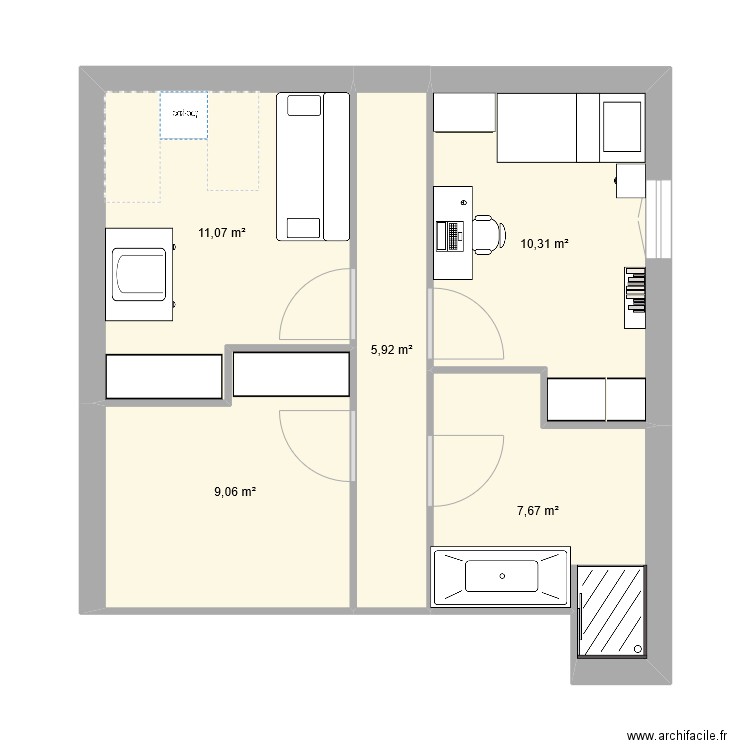 Chambre bébé/Lukas. Plan de 5 pièces et 44 m2