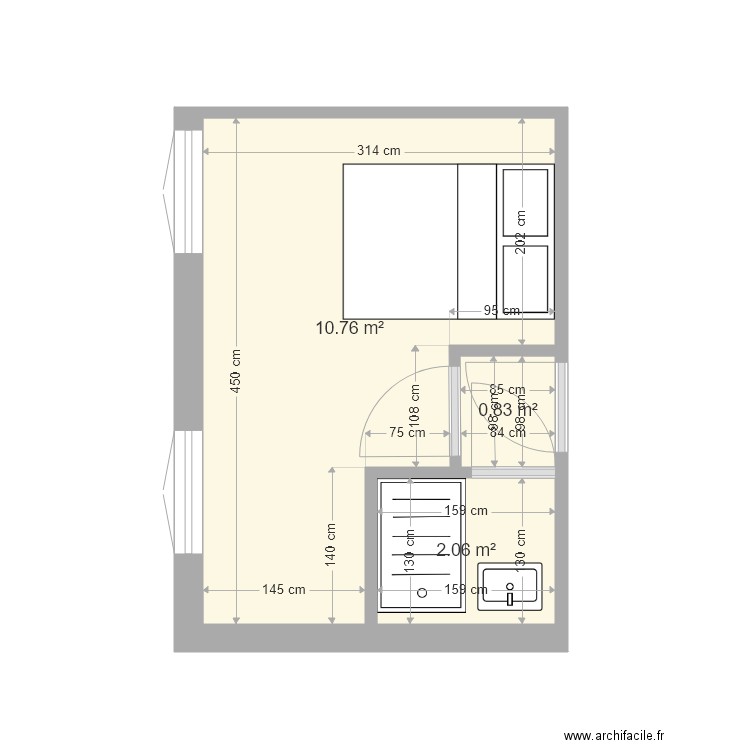 chambre douche M. Dormoy. Plan de 3 pièces et 14 m2