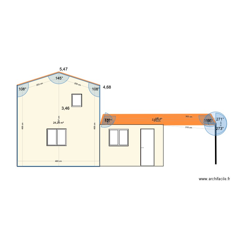 coupe façade sud. Plan de 2 pièces et 27 m2