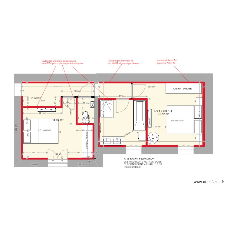 PLAN 5/11/22 R+1 CENTRE ET EST avec aménagement. Plan de 2 pièces et 38 m2