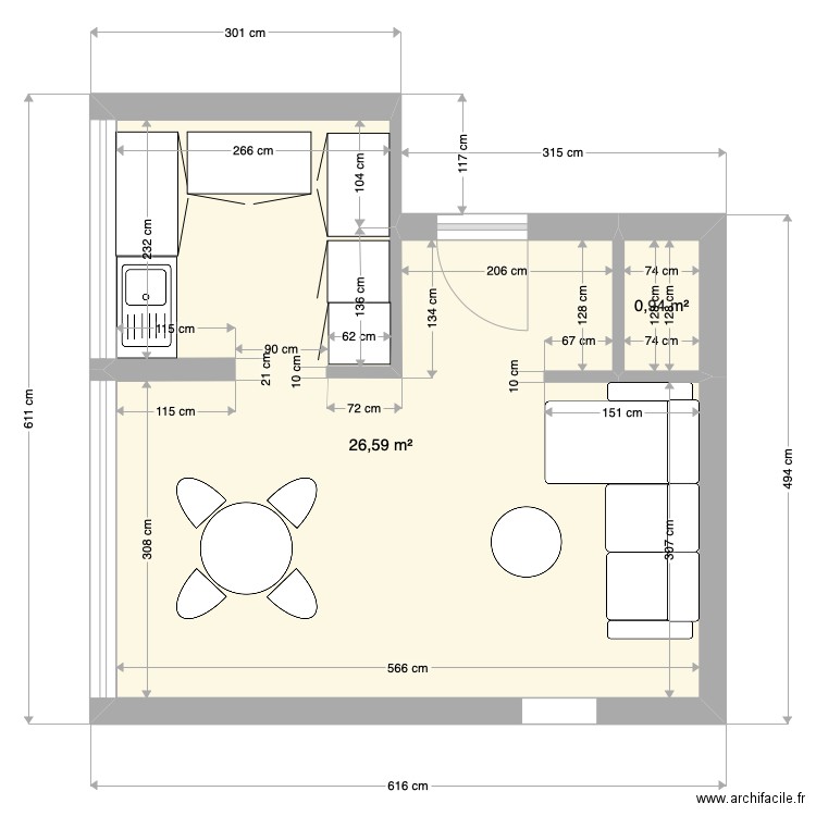 Maite. Plan de 2 pièces et 28 m2