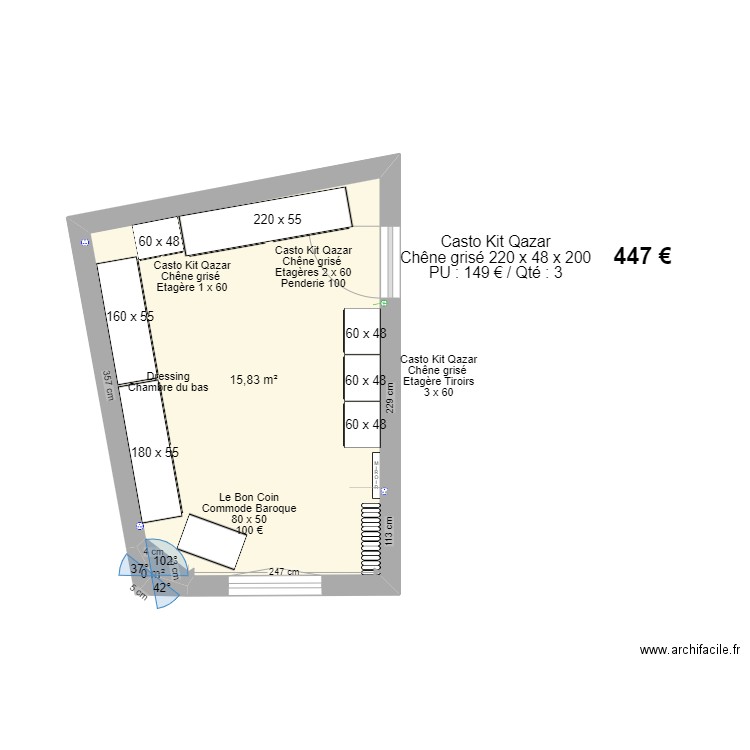 Pièce Dressing. Plan de 2 pièces et 16 m2