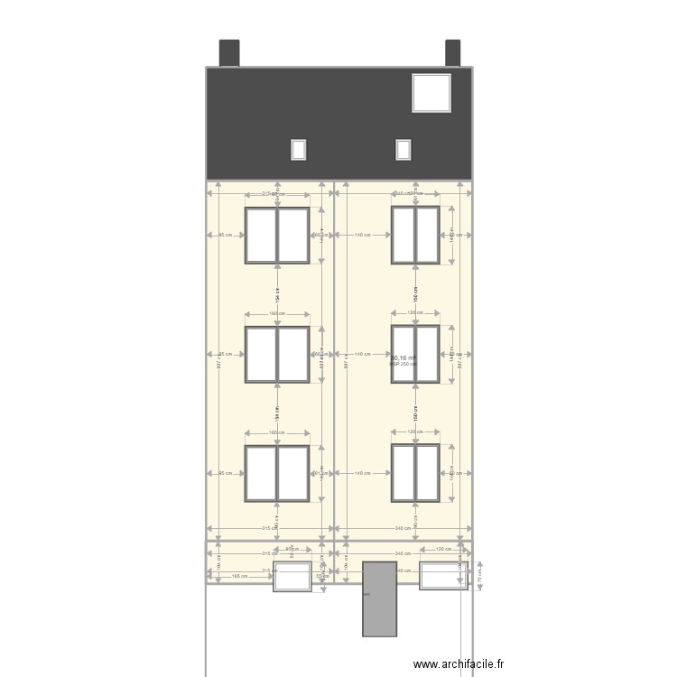 Plan Façade arrière côté jardin. Plan de 7 pièces et 84 m2