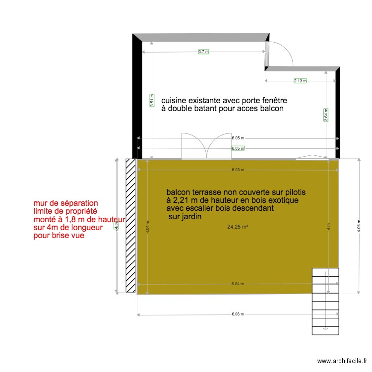 Balcon terrasse sur pilotis  en bois exotique avec escalier sur jardin. Plan de 0 pièce et 0 m2