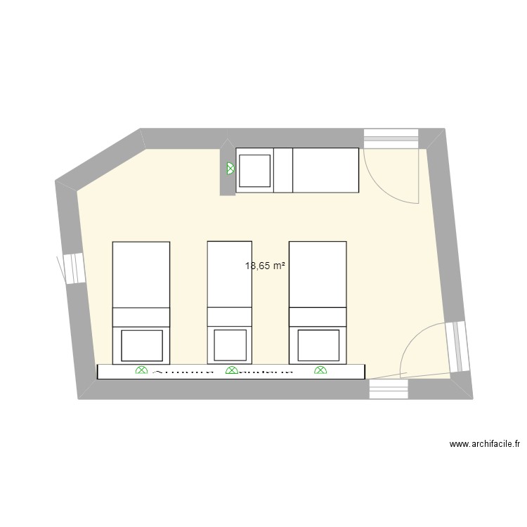 Dortoir. Plan de 1 pièce et 19 m2