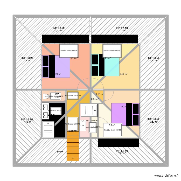 colonieu r+1. Plan de 17 pièces et 106 m2