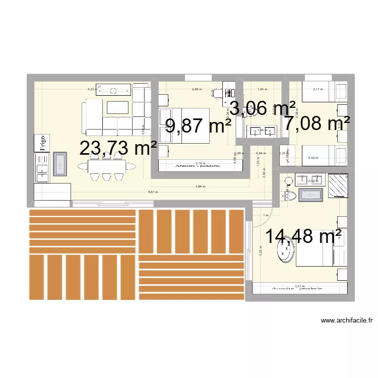 Bungalow 60m2 3 chambre . Plan de 
