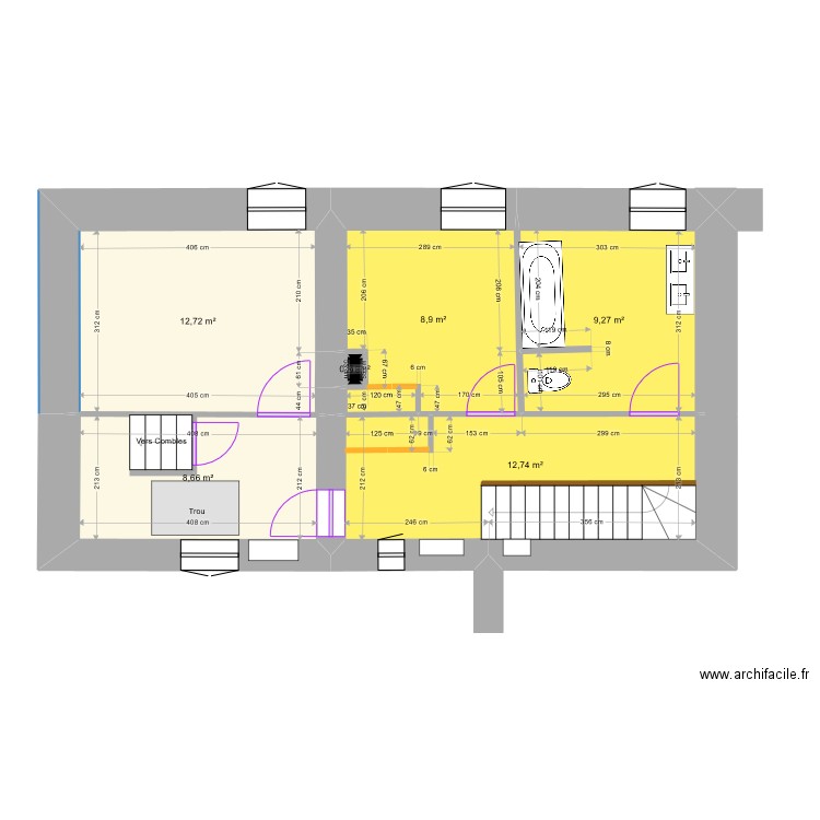 Premier étage (avec cotes). Plan de 6 pièces et 52 m2