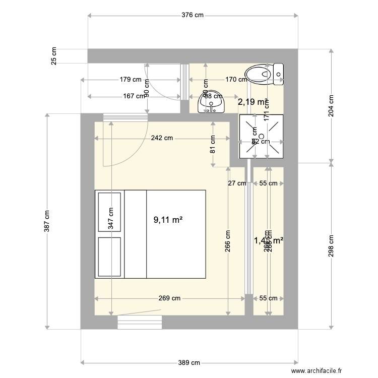 Chambre du fond V3. Plan de 3 pièces et 13 m2