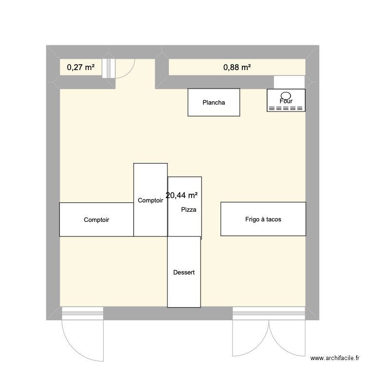 Snack. Plan de 3 pièces et 22 m2