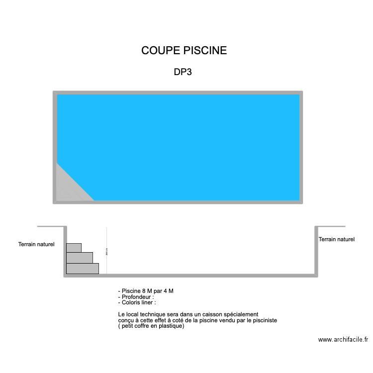 Plan en coupe piscine. Plan de 1 pièce et 78 m2