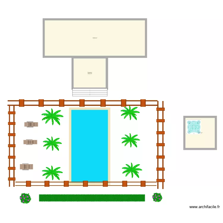 Id&eacute;e piscine perpendiculaire maison. Plan de 