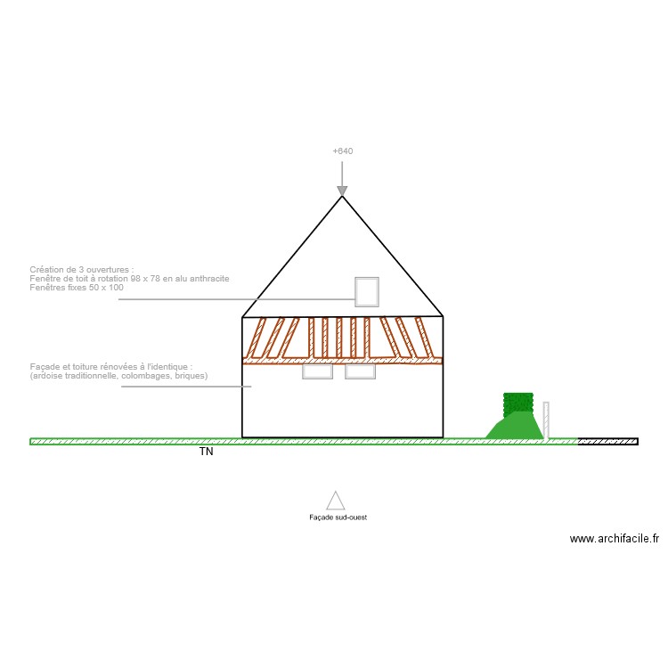 Plan façade et toiture vue sud ouest. Plan de 0 pièce et 0 m2