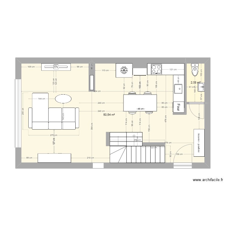 Rez Epagny. Plan de 2 pièces et 53 m2