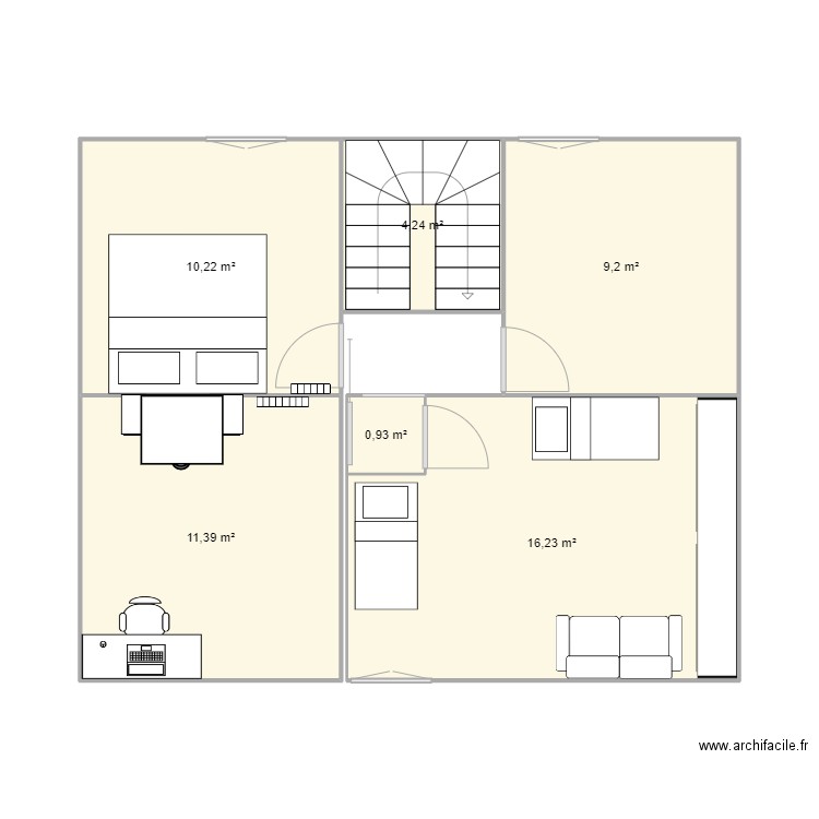 Etage avant. Plan de 6 pièces et 52 m2