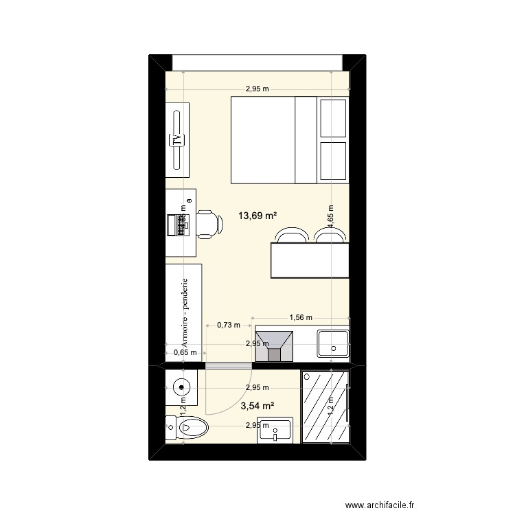 Appart papa foch. Plan de 2 pièces et 17 m2